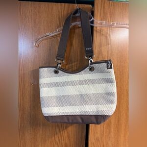 NEW Thirty-One canvas crew mini tote bag in the taupe straw stripe pattern